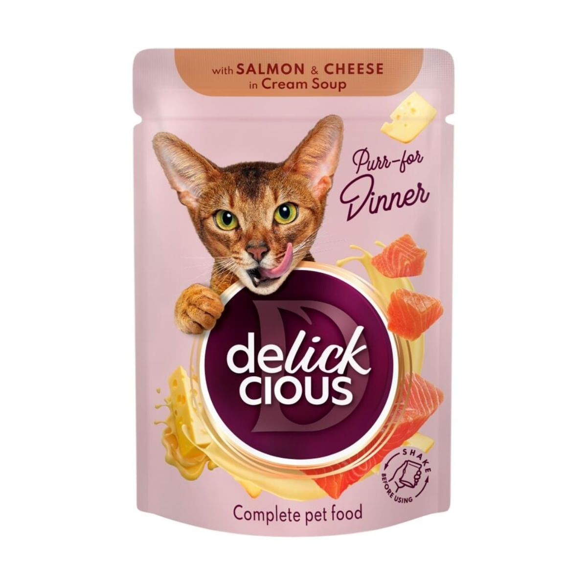 DELICKCIOUS Dinner, Somon și Brânză, plic hrană umedă pisici, (în supă), bax, 85g x 12buc - poza 1