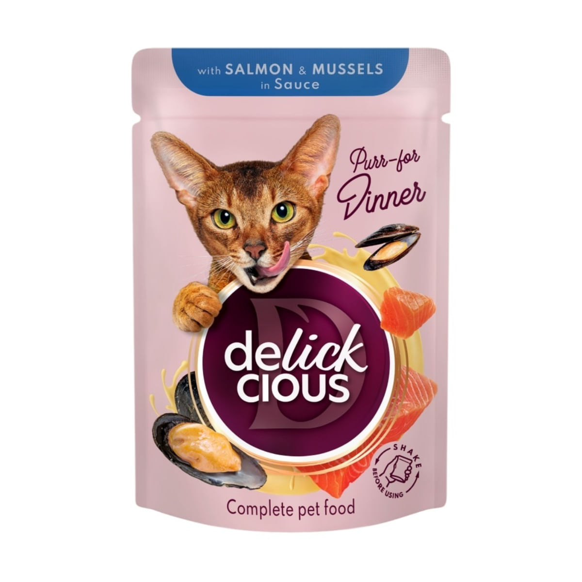 DELICKCIOUS Dinner, Somon și Midii, plic hrană umedă pisici, (în sos), bax, 85g x 12buc - poza 2