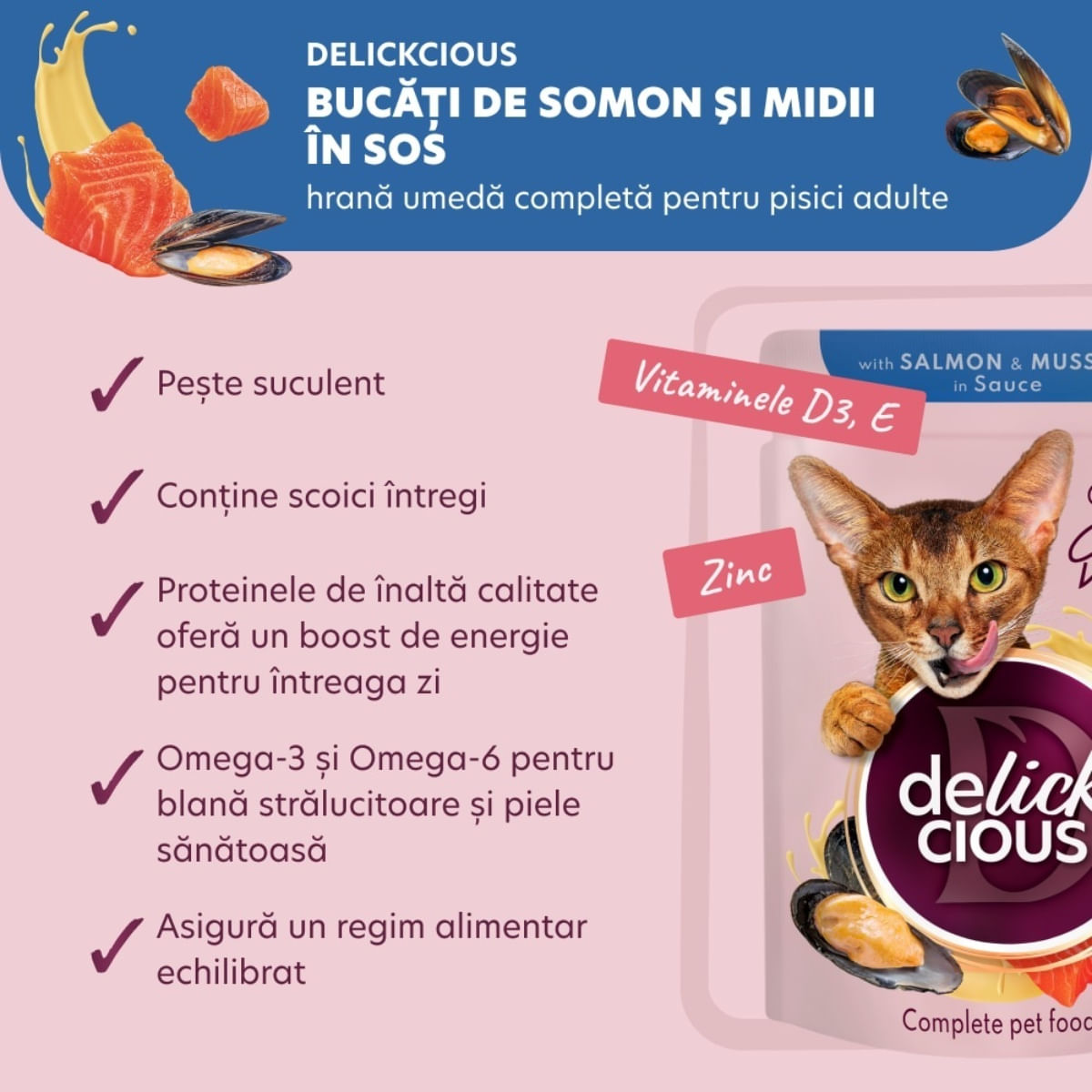 DELICKCIOUS Dinner, Somon și Midii, plic hrană umedă pisici, (în sos), bax, 85g x 12buc - poza 4