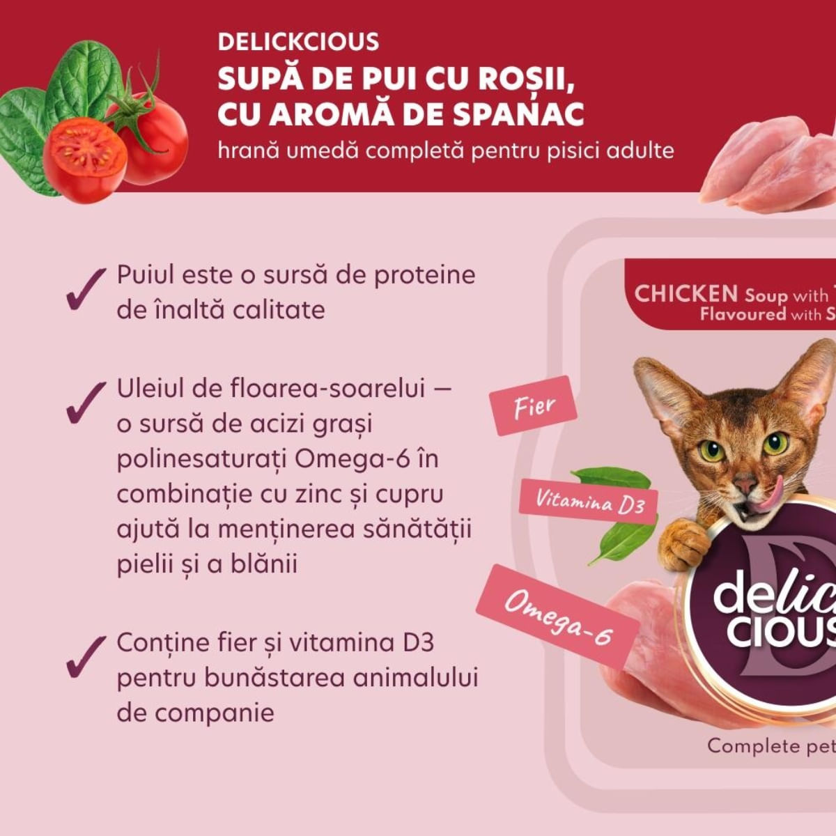 DELICKCIOUS Supă, Pui și Roșii, bol hrană umedă pisici, (în supă), bax, 80g x 12buc - poza 5