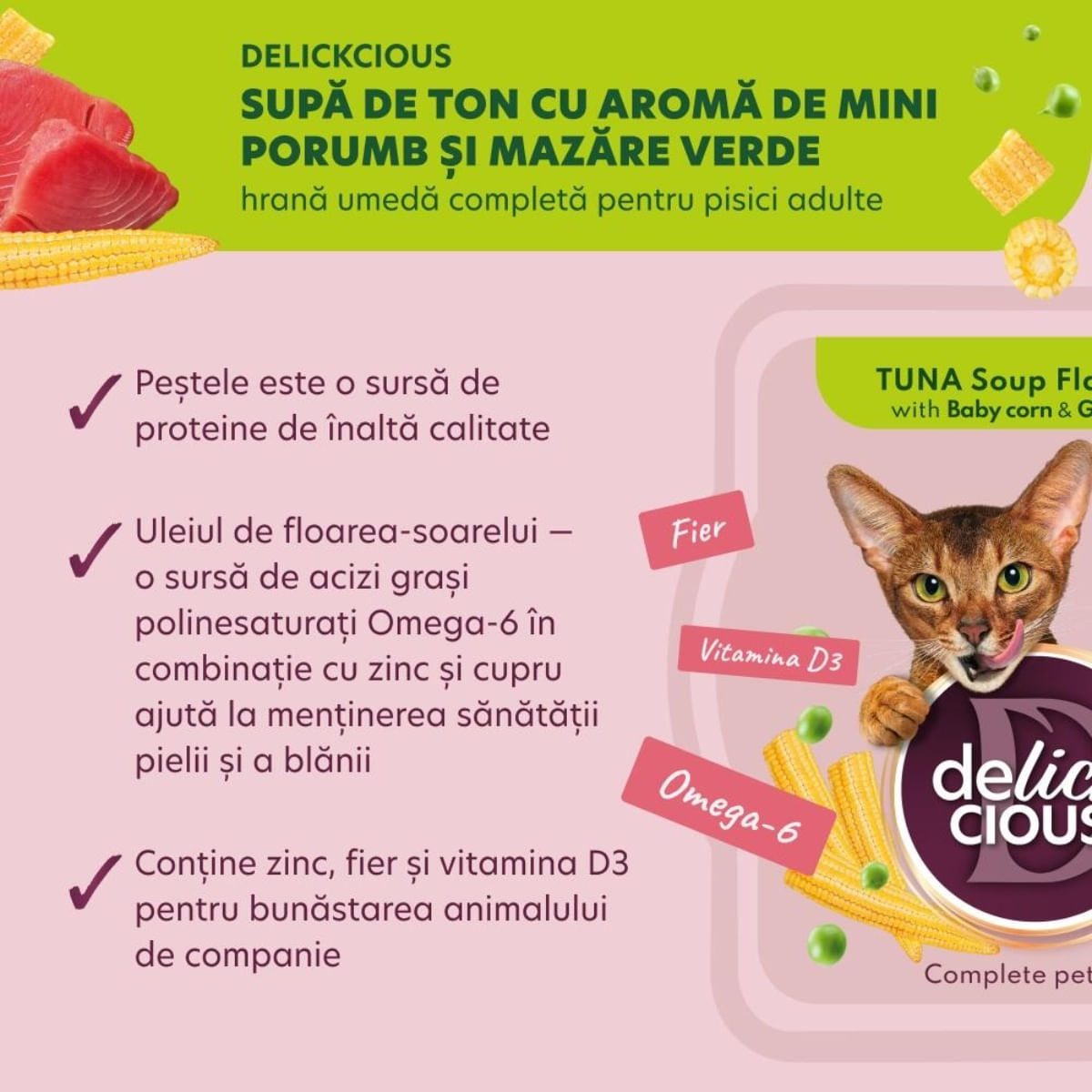DELICKCIOUS Supă, Ton și Mazăre, bol hrană umedă pisici, (în supă), 80g - poza 5