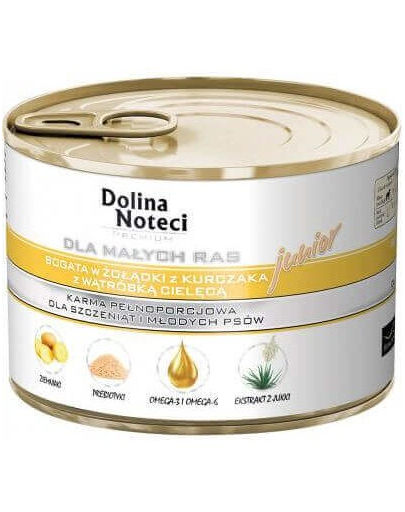 DOLINA NOTECI Premium Junior hrana umeda caini juniori de rase mici, cu stomac de pui si ficat de vitel 185 g x 10 buc.