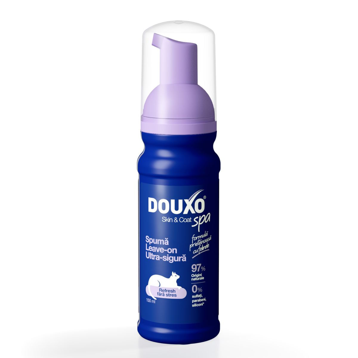 DOUXO SPA Low-Stress Refresh Mousse, șampon spumă pisici, fără clătire, hidratantă, Vanilie și Nucă de cocos, flacon cu aplicator, 150ml - poza 1