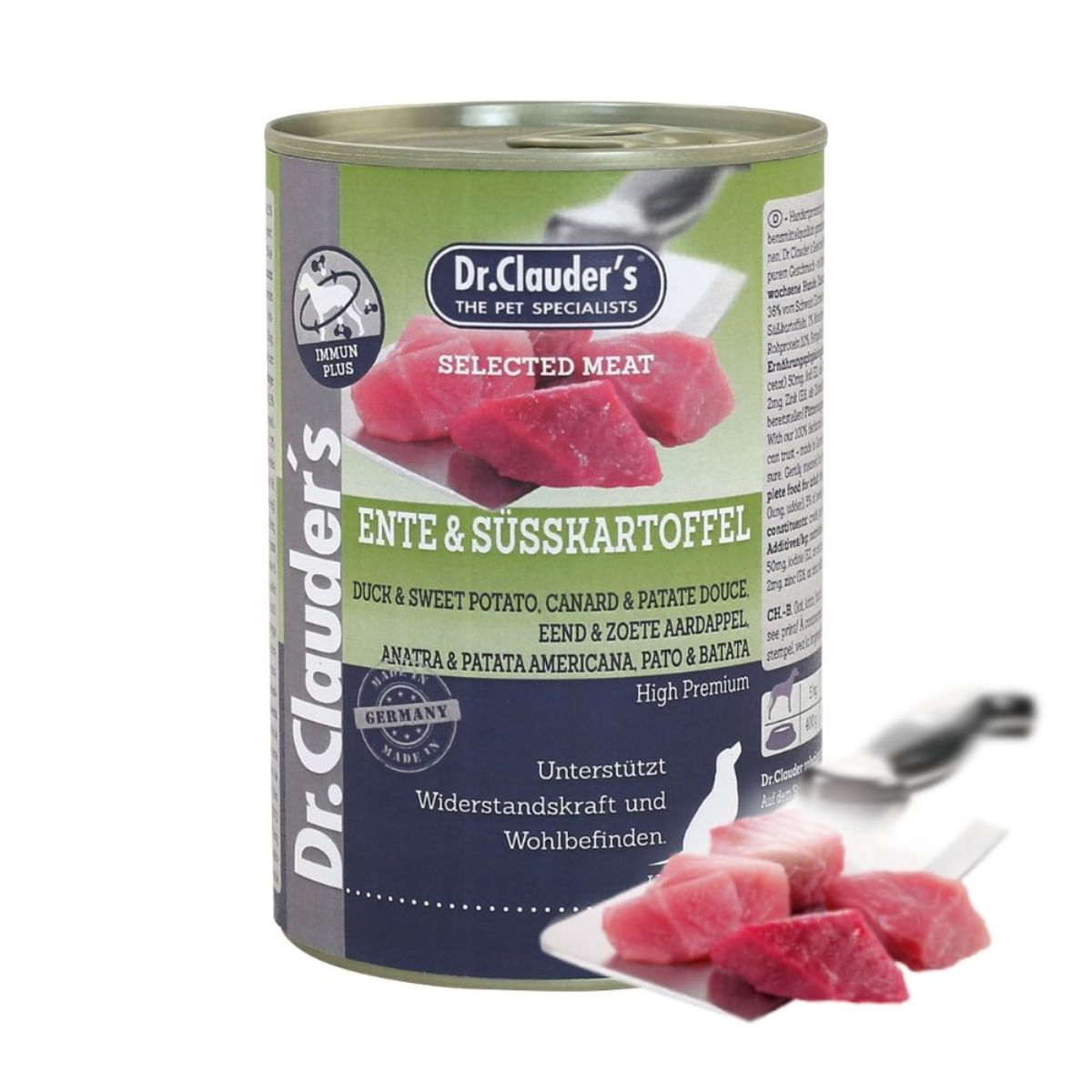 DR. CLAUDER'S Selected Meat, XS-XL, Rață și Cartof Dulce, conservă hrană umedă fără cereale câini, (în suc propriu), 400g - poza 2