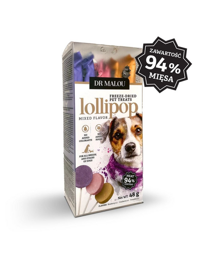 DR MALOU Lollipop acadele liofilizate din carne pentru câini arome mixte 48 g (6 bucăți)