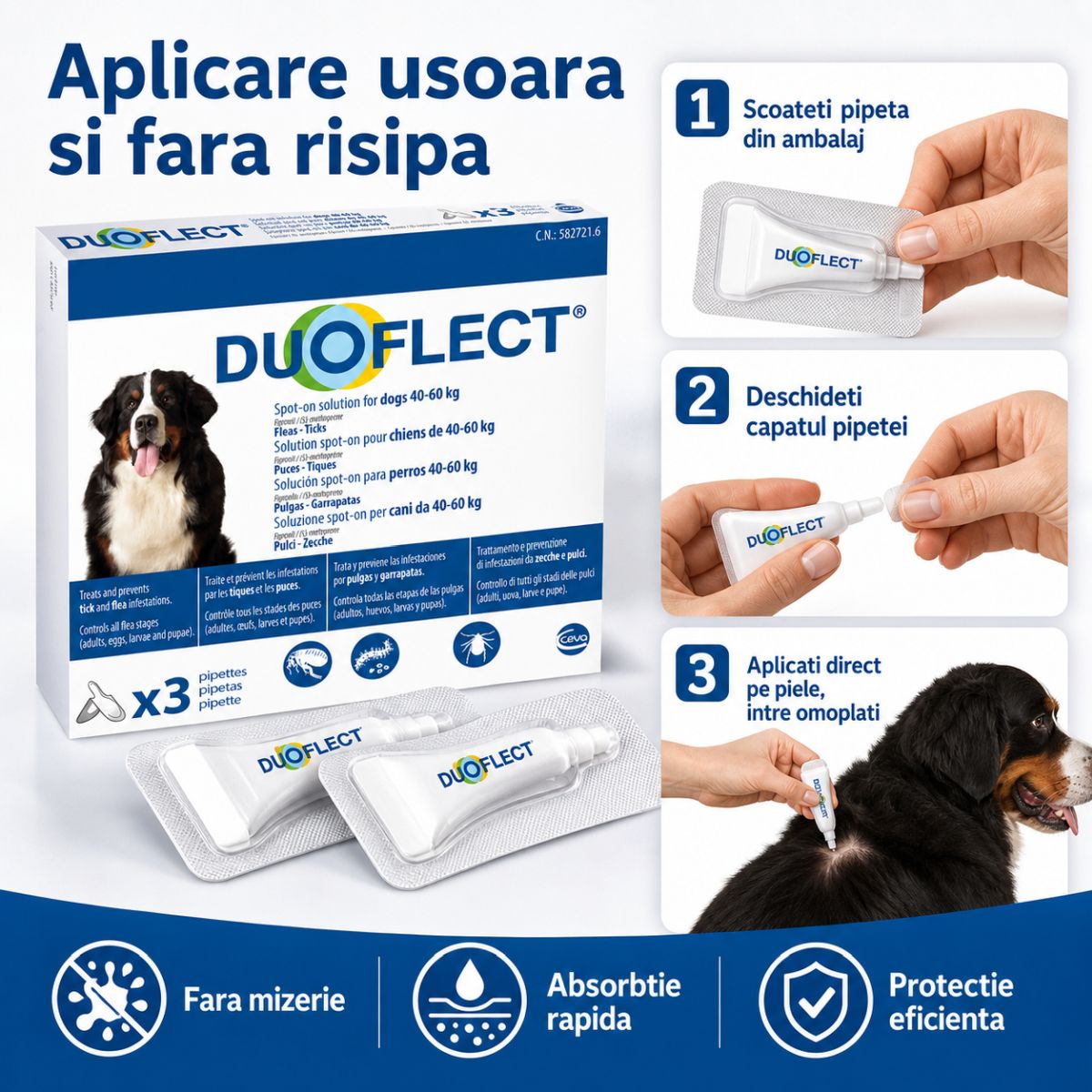 DUOFLECT, spot-on, solutie antiparazitara DUOFLECT, spot-on, soluție antiparazitară, câini 40-60kg, 3 pipete - poza 5