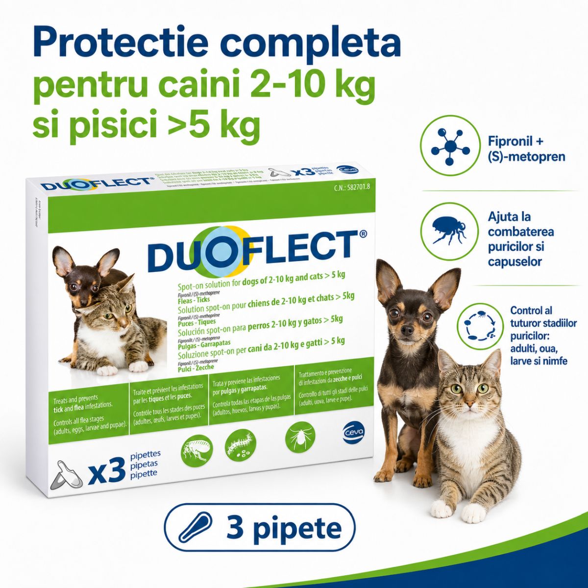 DUOFLECT, spot-on, solutie antiparazitara DUOFLECT, spot-on, soluție antiparazitară, pisici >5kg și câini 2-10kg, 3 pipete - poza 4