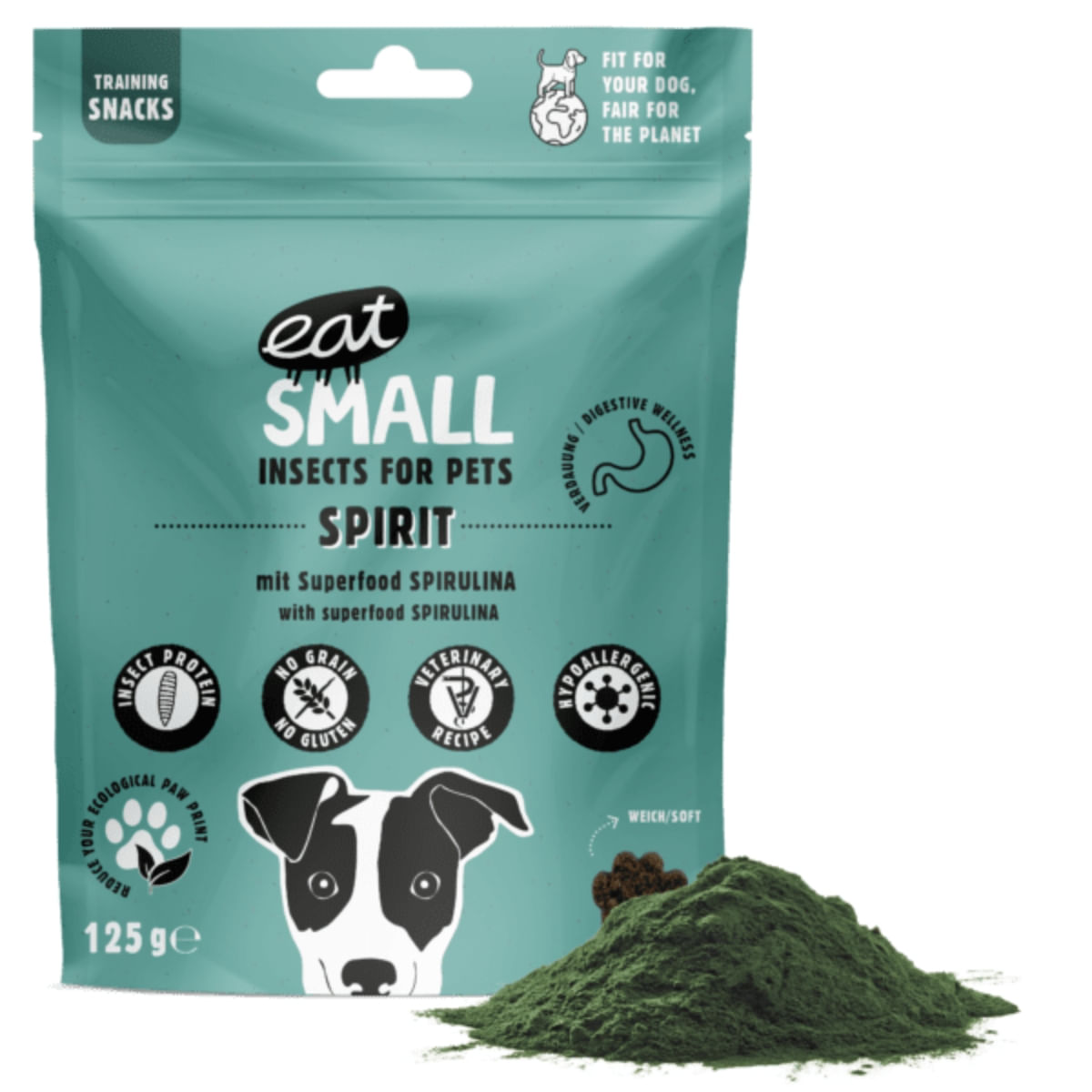 EAT SMALL Spirit Snack, XS-XL, Insecte și Spirulină, punguță, resigilabil recompense funcționale fără cereale câini, sistem imunitar & alergii, 125g - poza 3