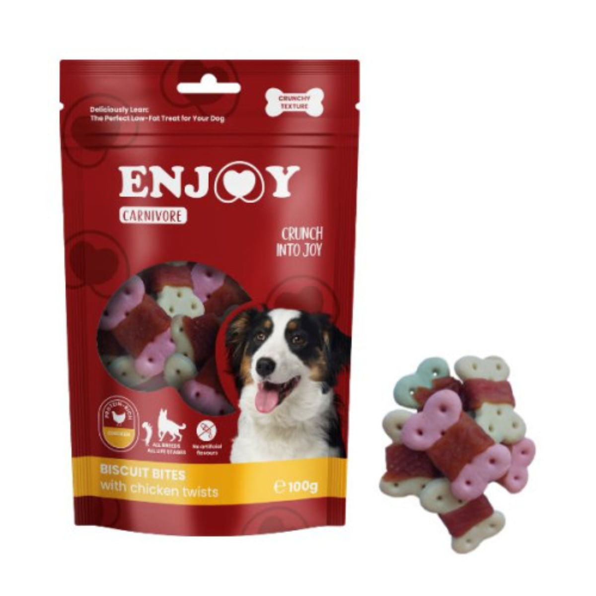 ENJOY Carnivore Biscuit Bits Twists, XS-XL, Pui, punguță recompense câini, 100g - poza 1