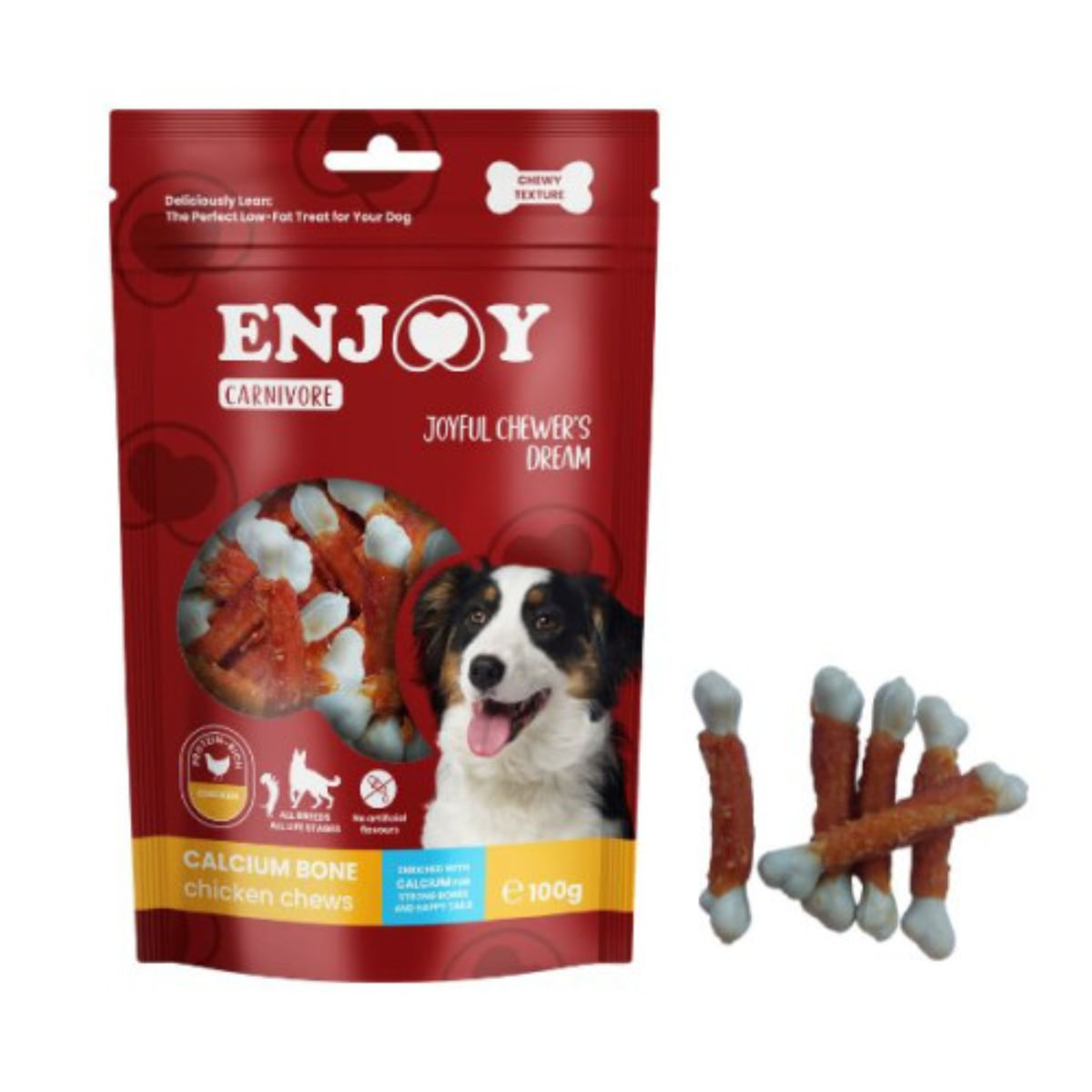 ENJOY Carnivore Calcium Bone Chews, XS-XL, Pui, punguță recompense câini, 100g - poza 2