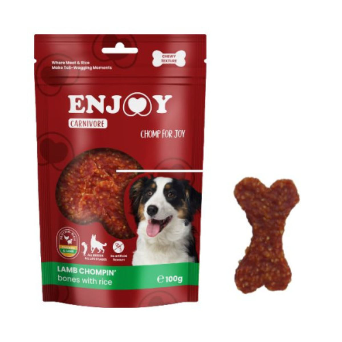 ENJOY Carnivore Chompin Bones, XS-XL, Miel și Orez, punguță recompense câini, 100g - poza 2