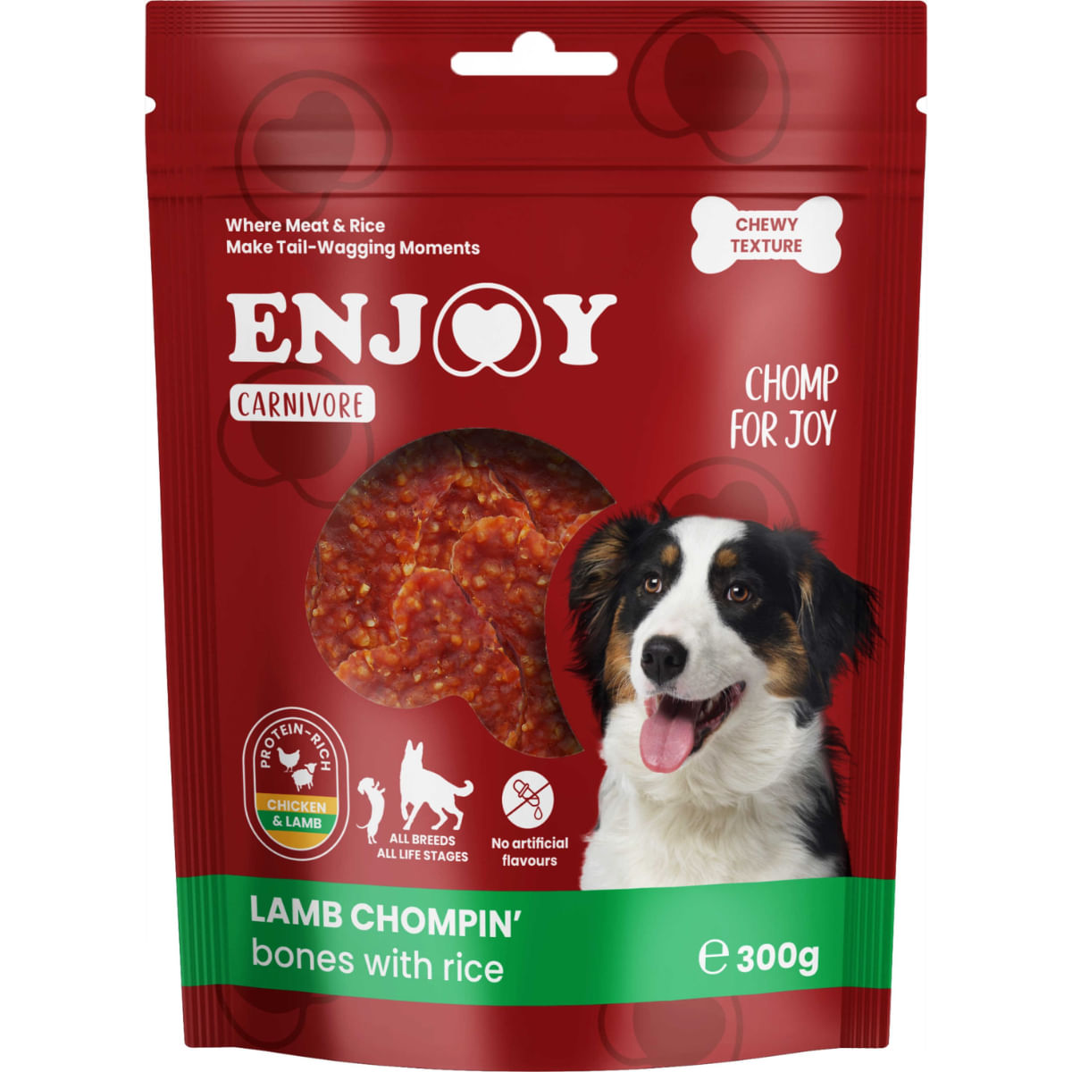 ENJOY Carnivore Chompin Bones, XS-XL, Miel și Orez, punguță recompense câini, 300g - poza 1