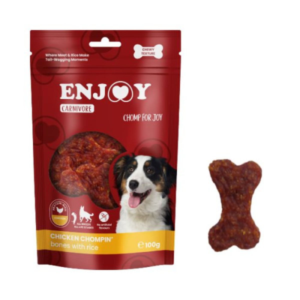 ENJOY Carnivore Chompin Bones, XS-XL, Pui și Orez, punguță recompense câini, 100g - poza 1