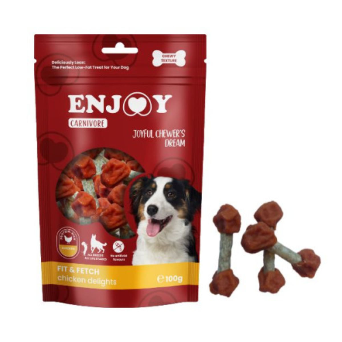 ENJOY Carnivore Fit Fetch Delights, XS-XL, Pui, punguță recompense câini, 100g - poza 2