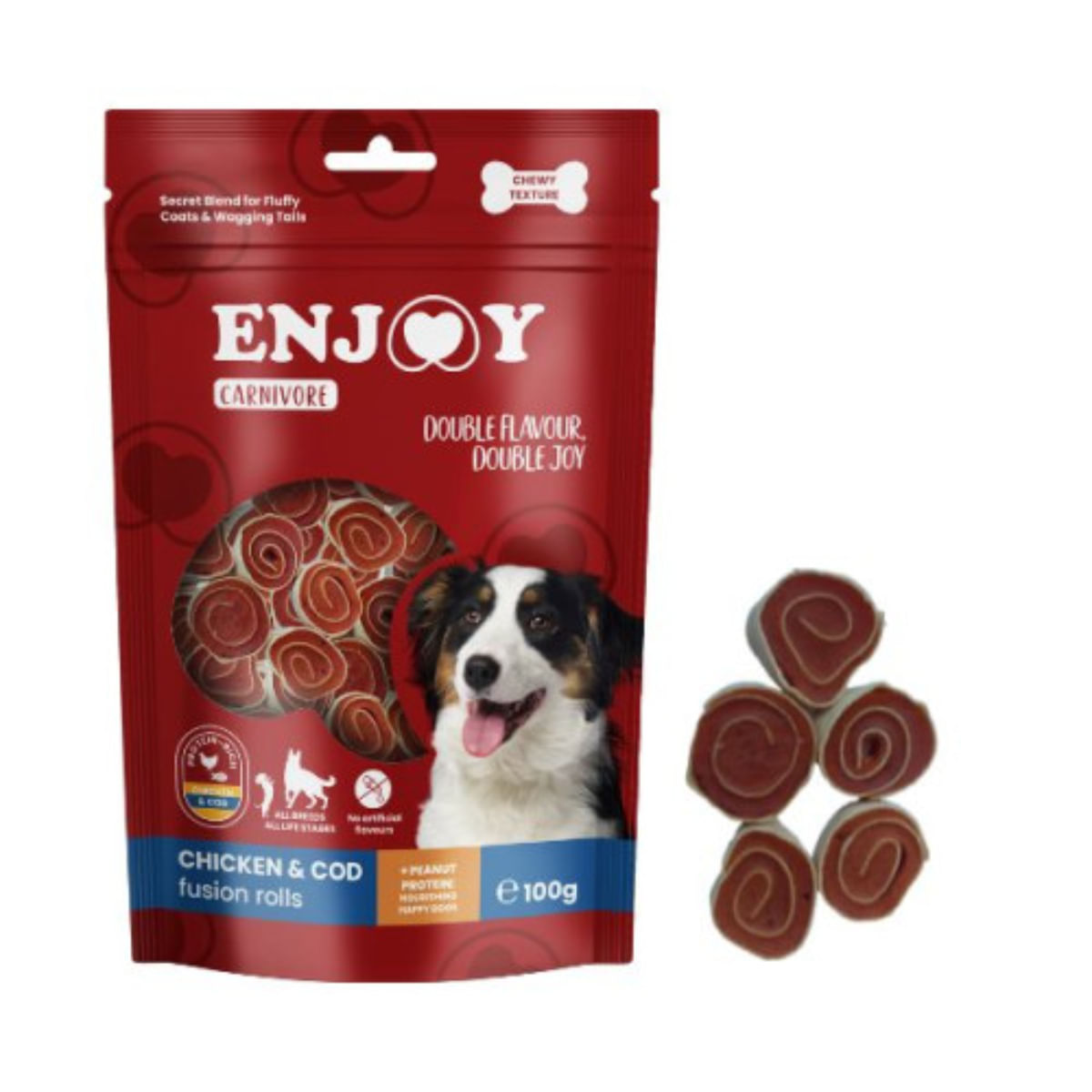 ENJOY Carnivore Fusion Rolls, XS-XL, Pui și Cod, punguță recompense câini, 100g - poza 1