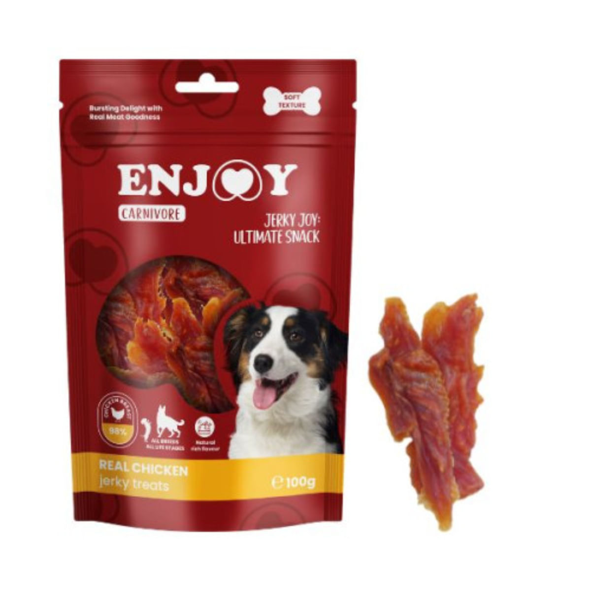 ENJOY Carnivore Jerky Treats, XS-XL, Pui, punguță recompense câini, 100g - poza 1
