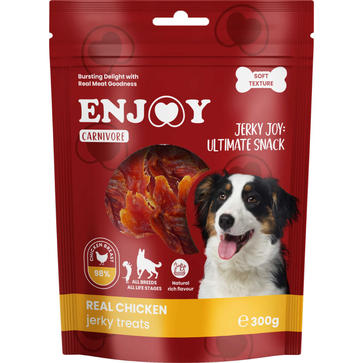 ENJOY Carnivore Jerky Treats, XS-XL, Pui, punguță recompense câini, 300g - poza 1