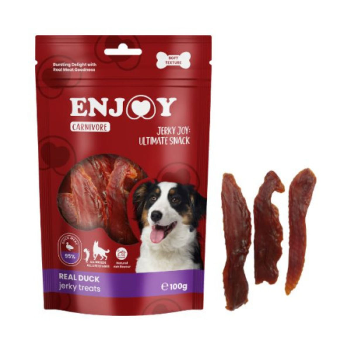 ENJOY Carnivore Jerky Treats, XS-XL, Rață, punguță recompense câini, 100g - poza 1