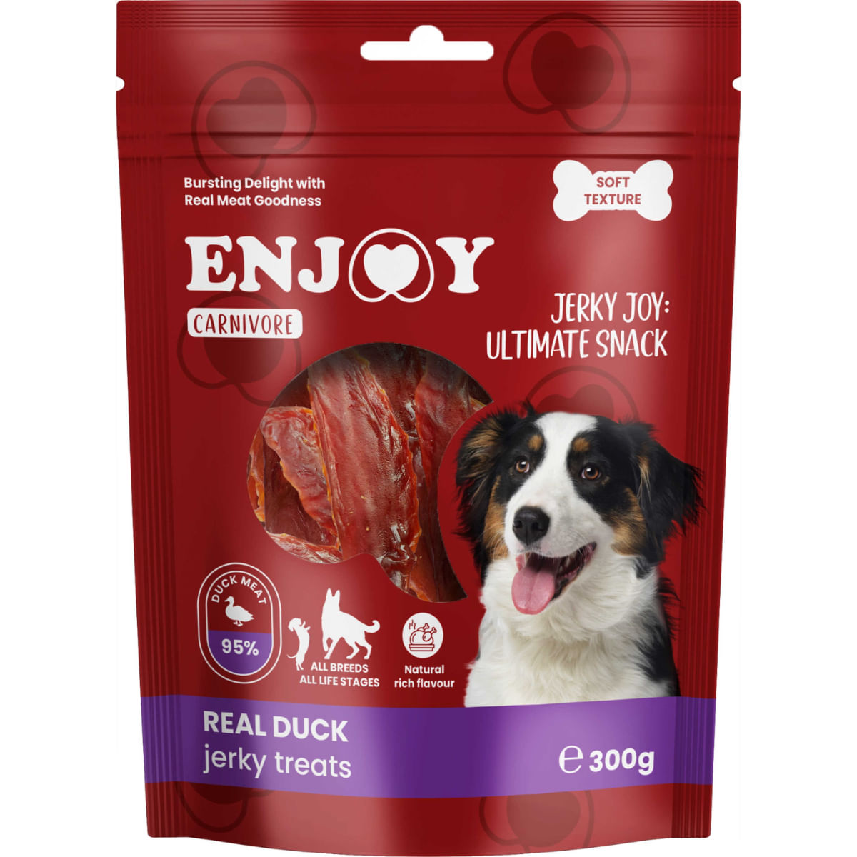 ENJOY Carnivore Jerky Treats, XS-XL, Rață, punguță recompense câini, 300g - poza 2