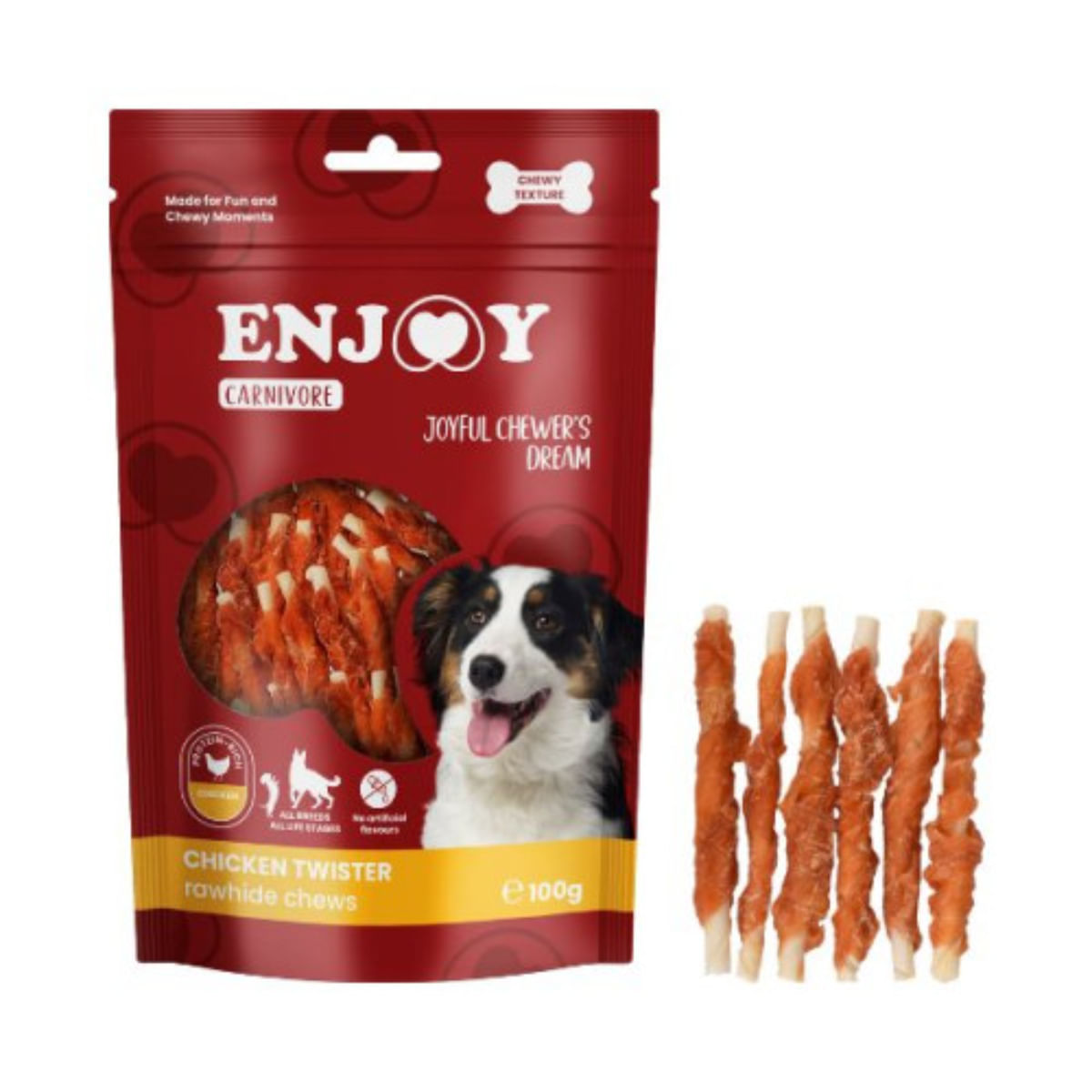 ENJOY Carnivore Twister Rawhide Chews, XS-XL, Pui, punguță recompense câini, 100g - poza 2