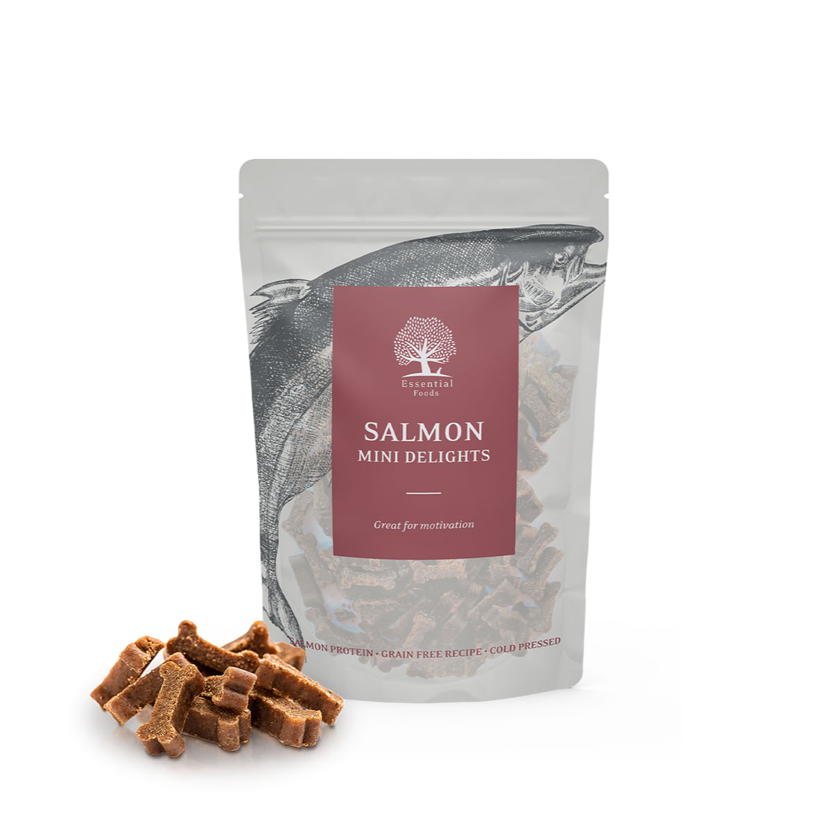 ESSENTIAL Mini Delights, XS-S, Somon, punguță recompense fără cereale câini, 100g