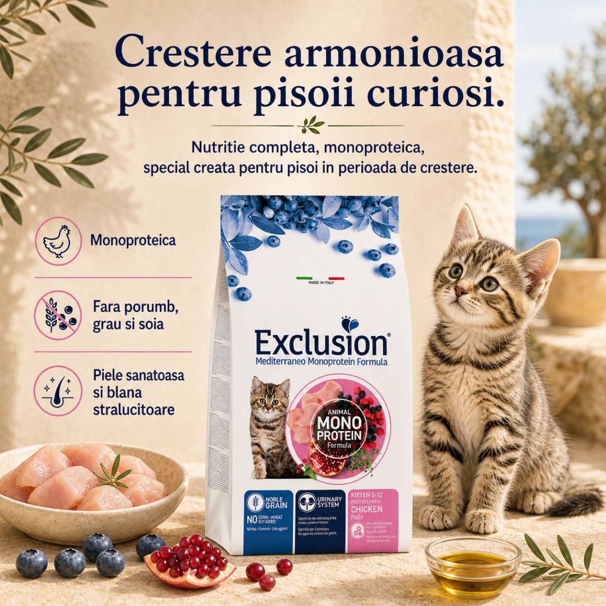 EXCLUSION Mediterraneo Monoprotein Formula Kitten, Pui, hrană uscată monoproteică pisici junior, 12kg - poza 3