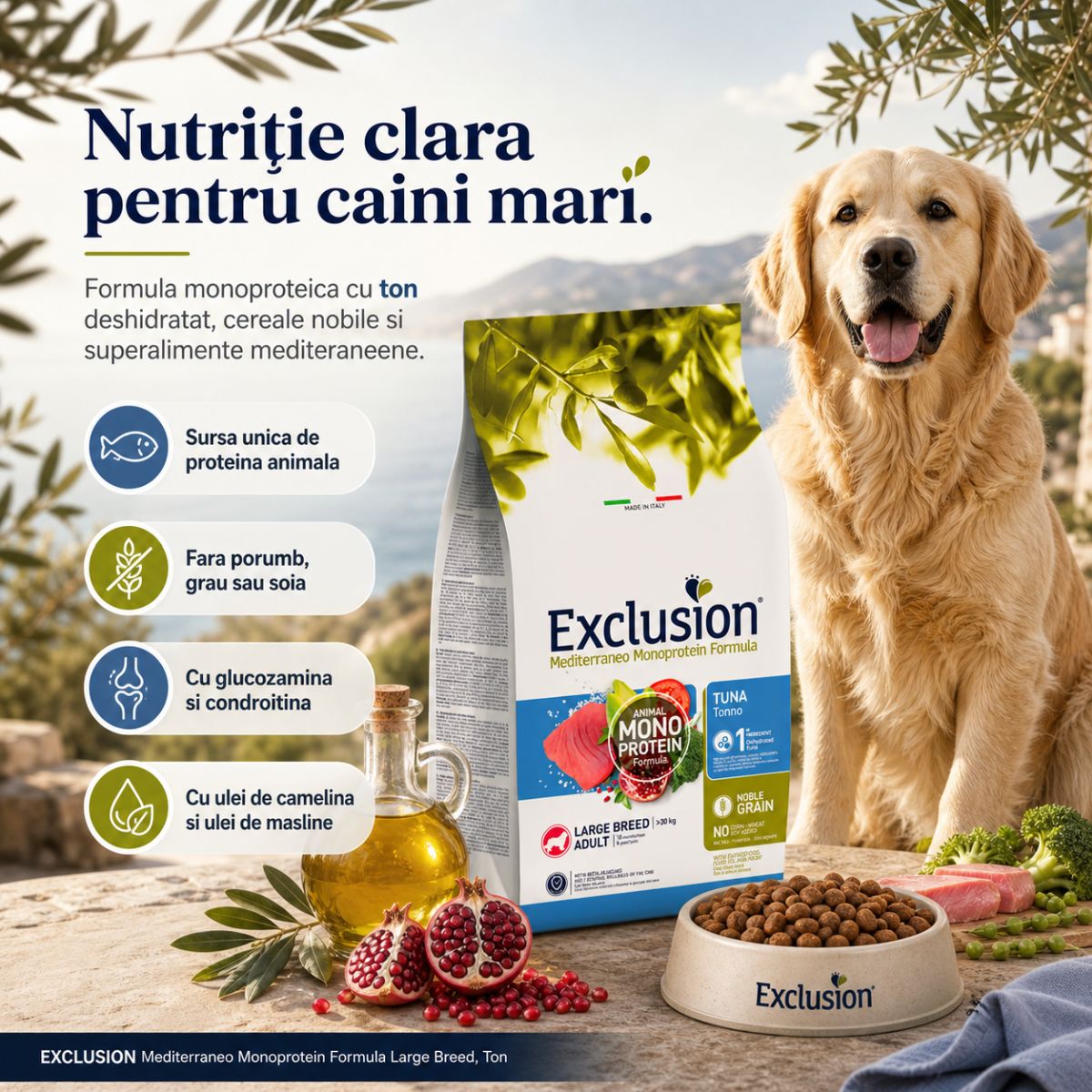 EXCLUSION Mediterraneo Monoprotein Formula Large Breed, L-XL, Ton, hrană uscată monoproteică câini, 12kg - poza 3