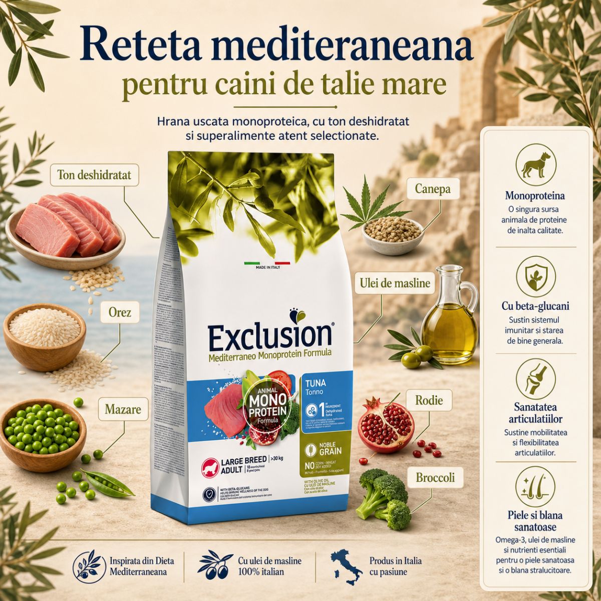 EXCLUSION Mediterraneo Monoprotein Formula Large Breed, L-XL, Ton, hrană uscată monoproteică câini, 12kg - poza 5