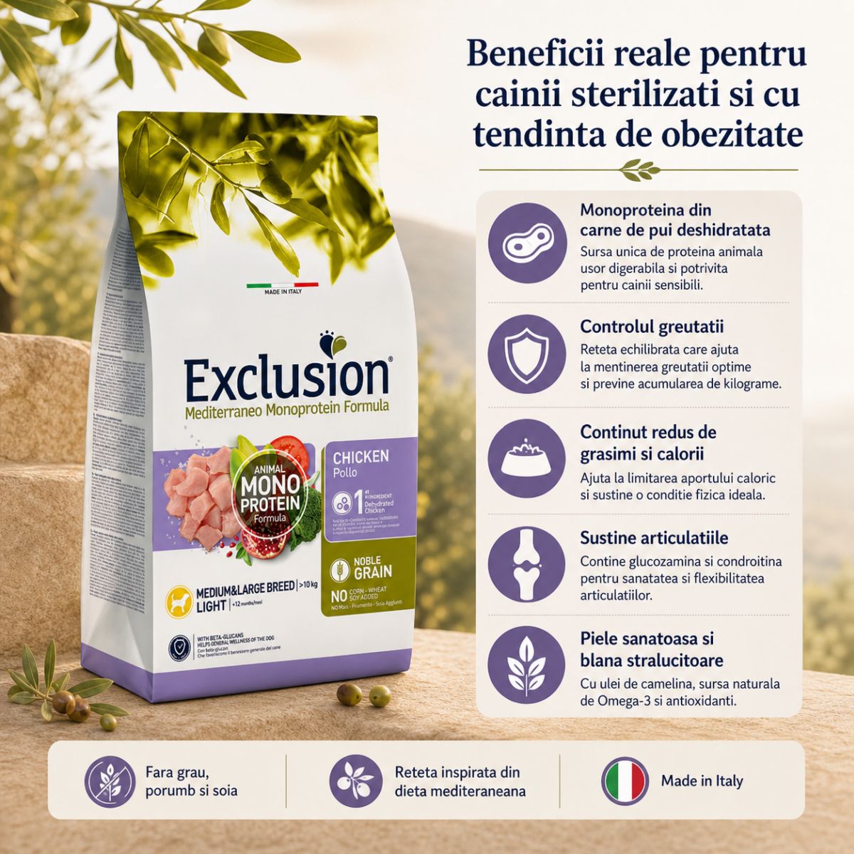 EXCLUSION Mediterraneo Monoprotein Formula Light Medium&Large, M-XL, Pui, hrană uscată monoproteică câini sterilizați, obezitate, 12kg - poza 3