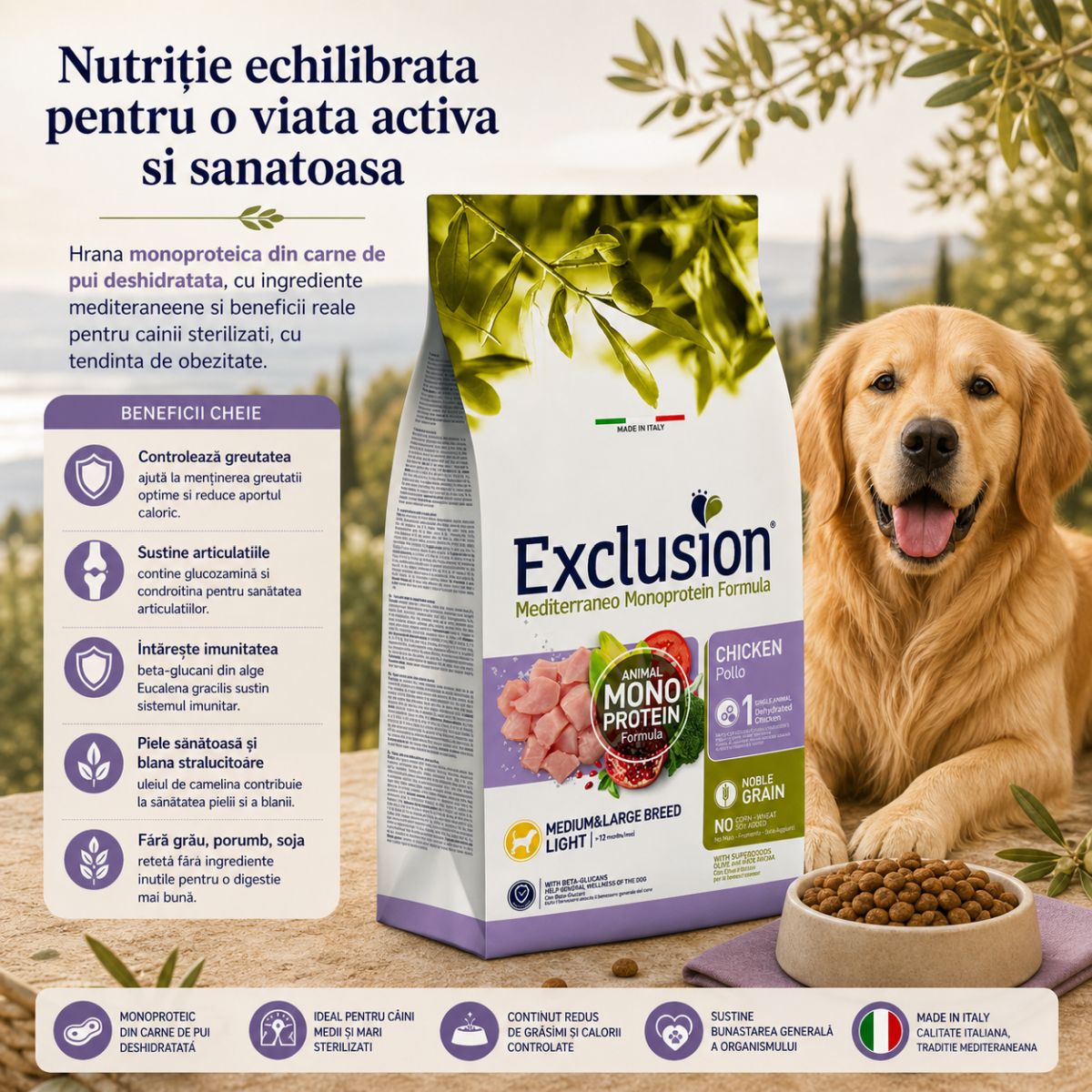 EXCLUSION Mediterraneo Monoprotein Formula Light Medium&Large, M-XL, Pui, hrană uscată monoproteică câini sterilizați, obezitate, 12kg - poza 4