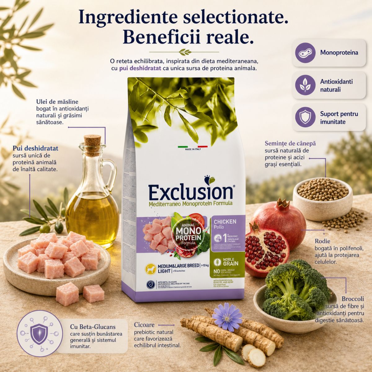 EXCLUSION Mediterraneo Monoprotein Formula Light Medium&Large, M-XL, Pui, hrană uscată monoproteică câini sterilizați, obezitate, 12kg - poza 5