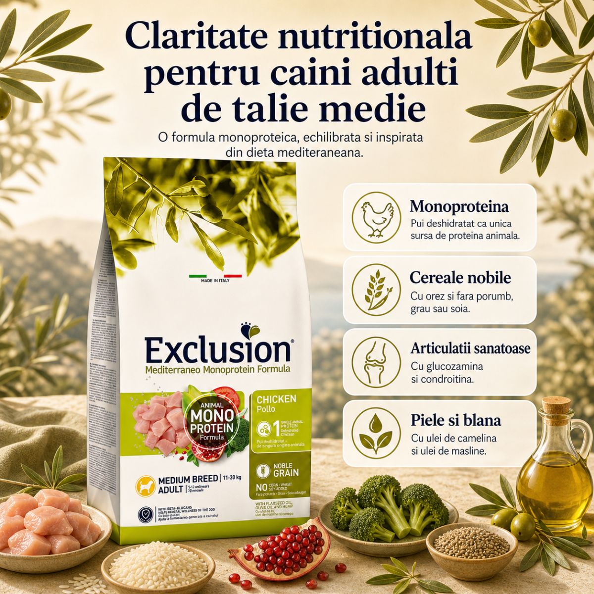 EXCLUSION Mediterraneo Monoprotein Formula Medium Breed, M, Pui, hrană uscată monoproteică câini, 12kg - poza 3