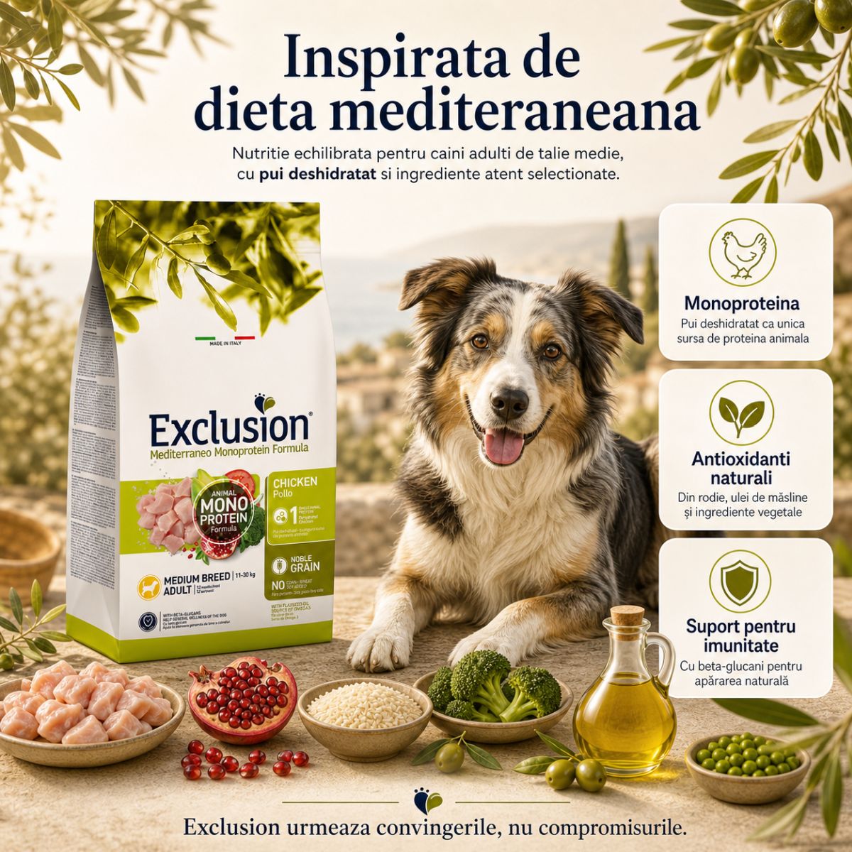 EXCLUSION Mediterraneo Monoprotein Formula Medium Breed, M, Pui, hrană uscată monoproteică câini, 12kg - poza 4