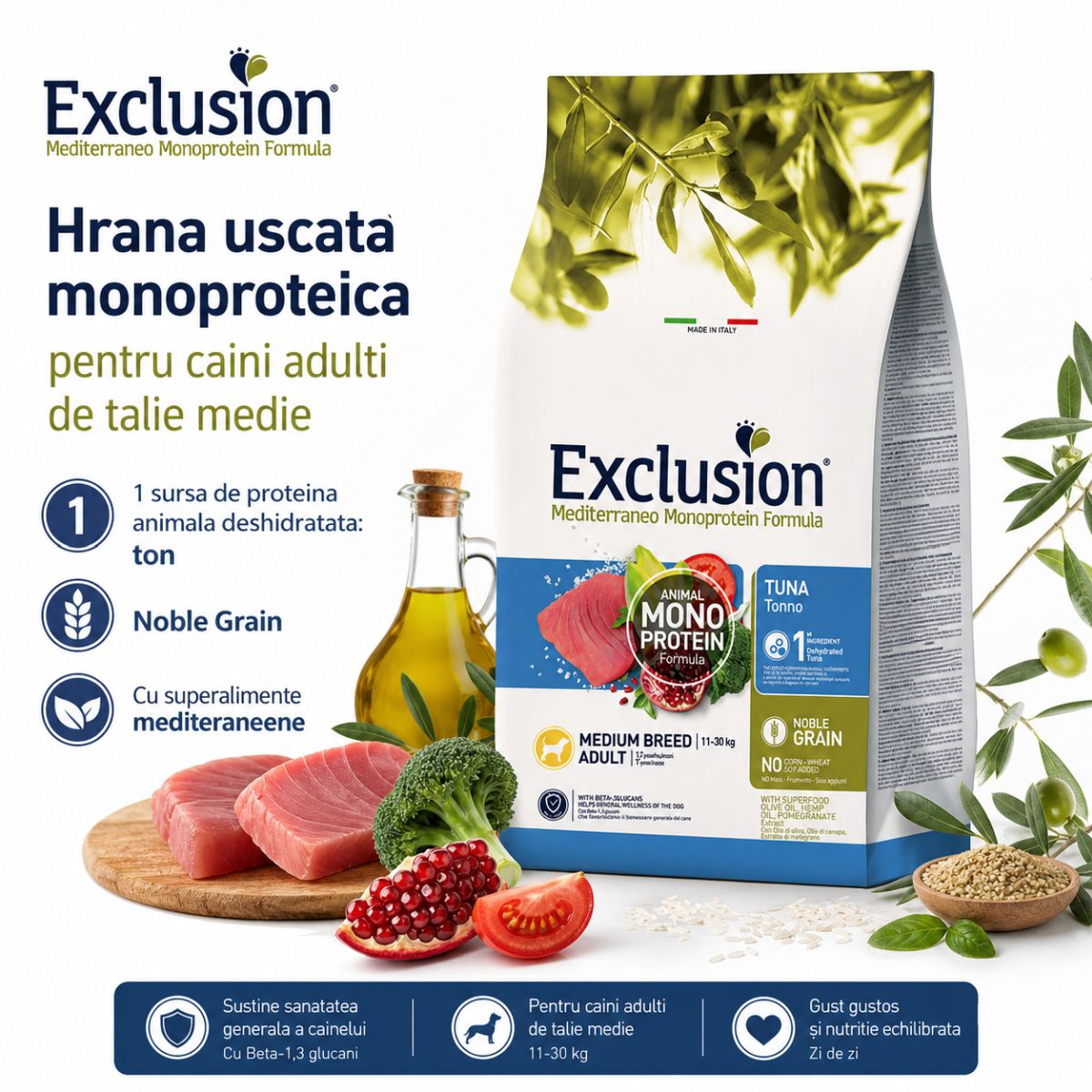 EXCLUSION Mediterraneo Monoprotein Formula Medium Breed, M, Ton, hrană uscată monoproteică câini, 12kg - poza 3