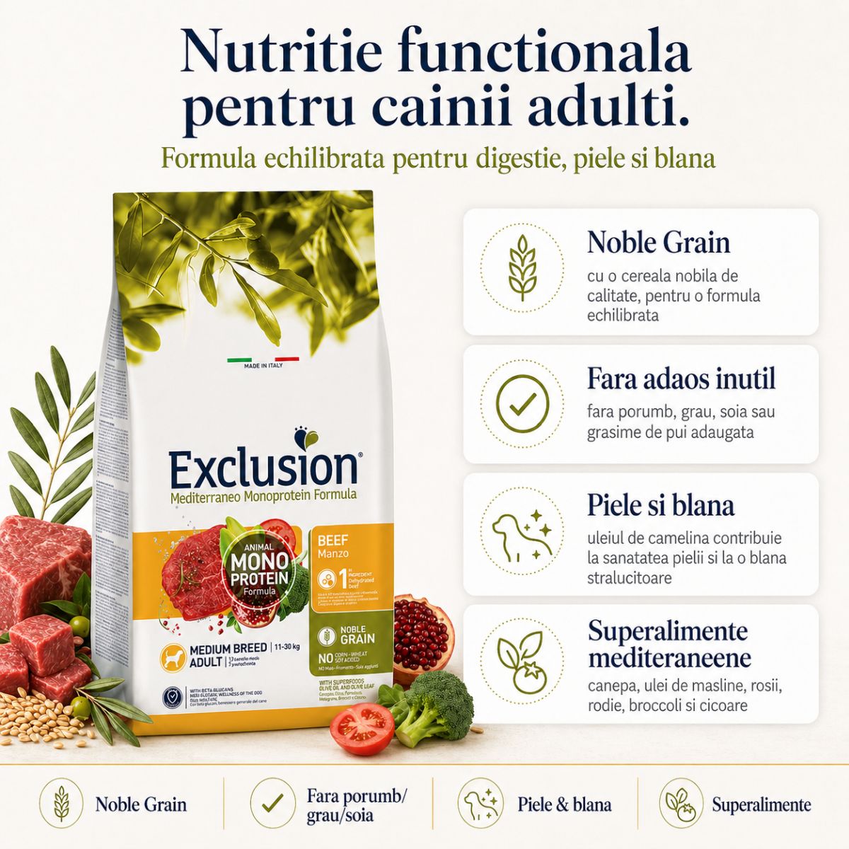 EXCLUSION Mediterraneo Monoprotein Formula Medium Breed, M, Vită, hrană uscată monoproteică câini, 12kg - poza 3