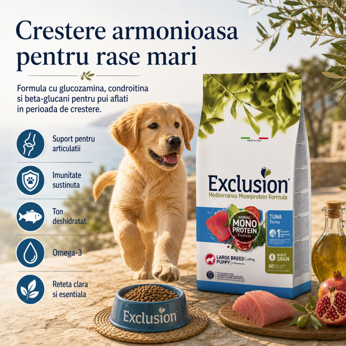 EXCLUSION Mediterraneo Monoprotein Formula Puppy Large Breed, L-XL, Ton, hrană uscată monoproteică câini junior, 12kg - poza 3
