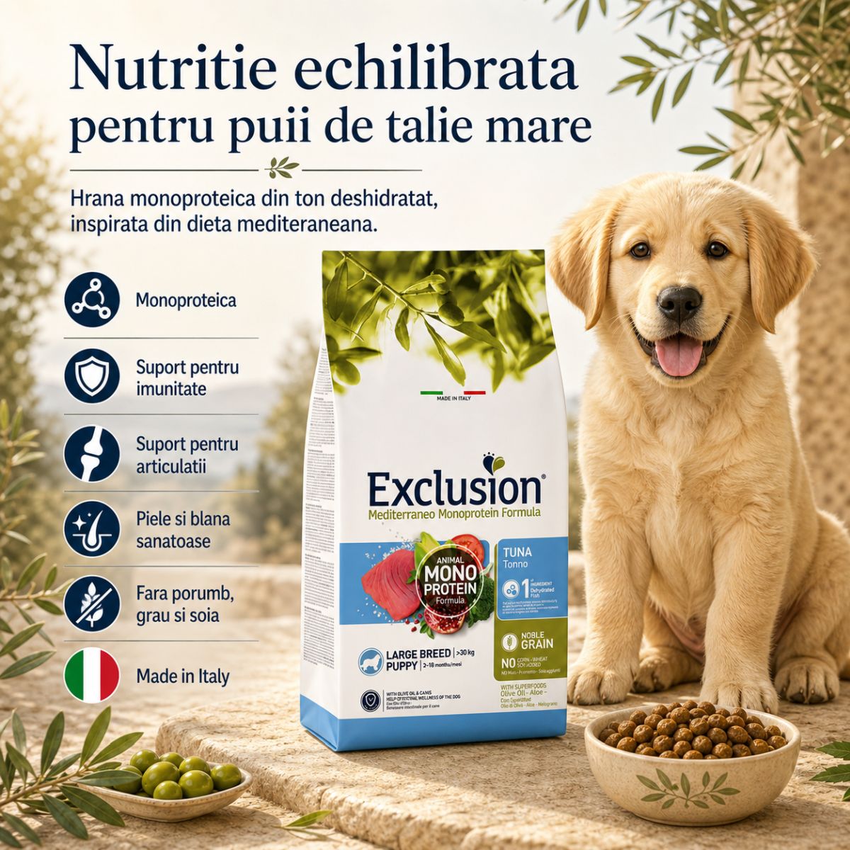 EXCLUSION Mediterraneo Monoprotein Formula Puppy Large Breed, L-XL, Ton, hrană uscată monoproteică câini junior, 12kg - poza 4