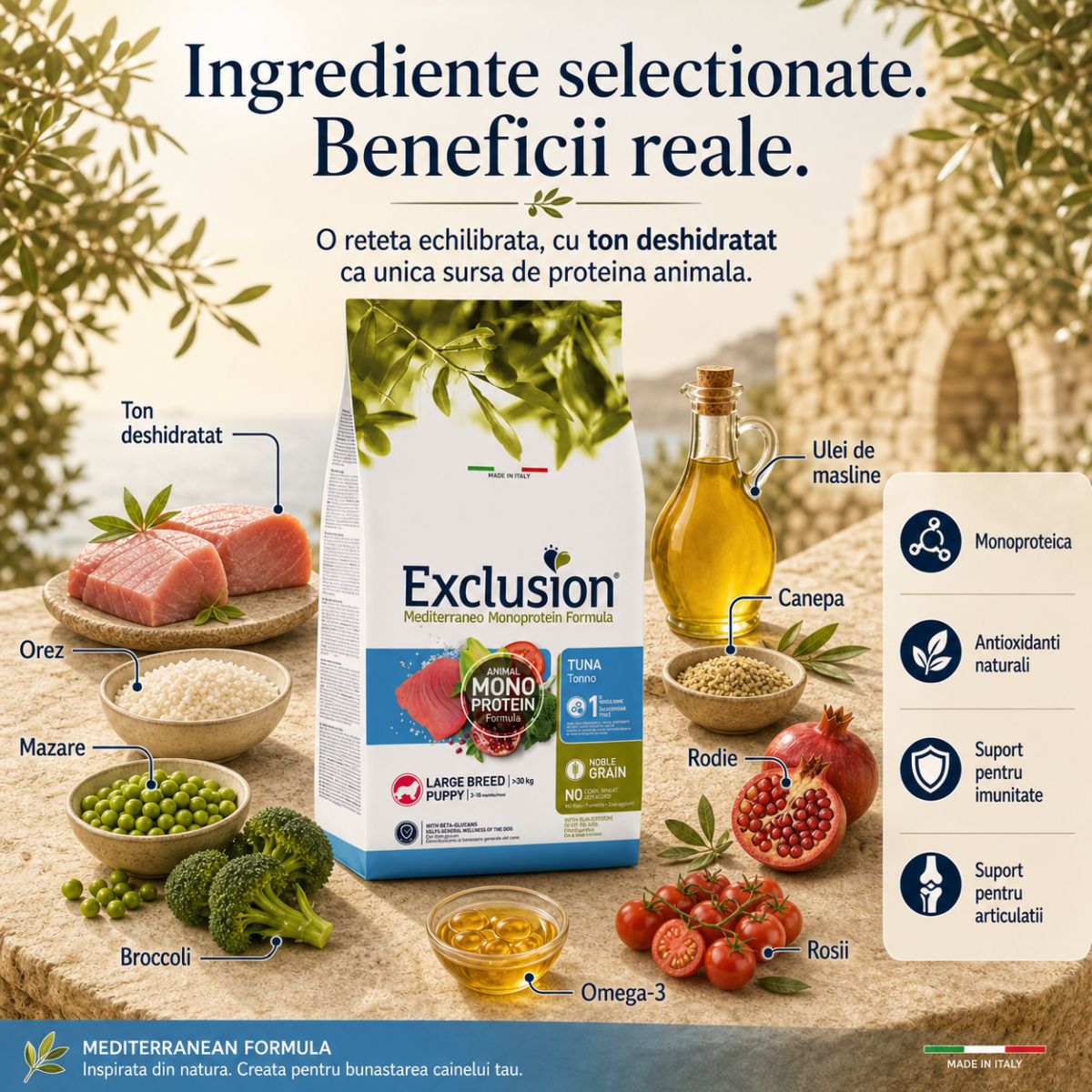 EXCLUSION Mediterraneo Monoprotein Formula Puppy Large Breed, L-XL, Ton, hrană uscată monoproteică câini junior, 12kg - poza 5