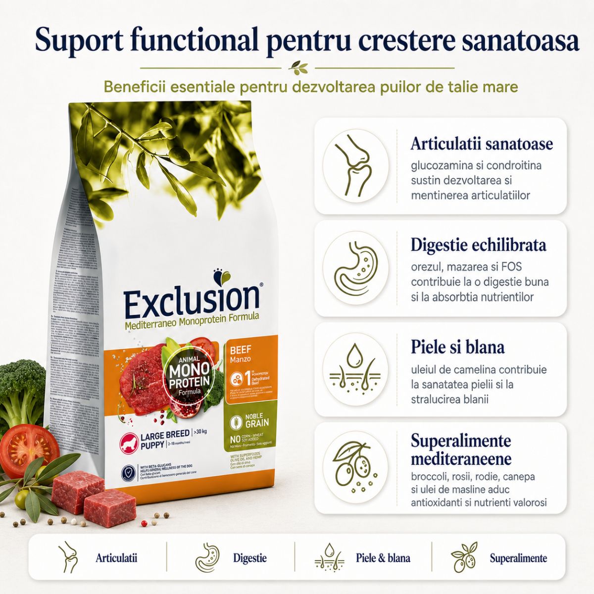 EXCLUSION Mediterraneo Monoprotein Formula Puppy Large Breed, L-XL, Vită, hrană uscată monoproteică câini junior, 12kg - poza 4