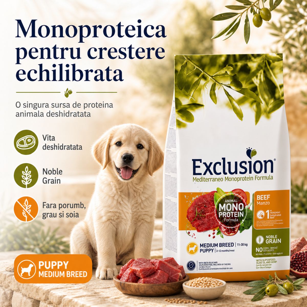 EXCLUSION Mediterraneo Monoprotein Formula Puppy Medium Breed, M, Vită, hrană uscată monoproteică câini junior, 12kg - poza 3