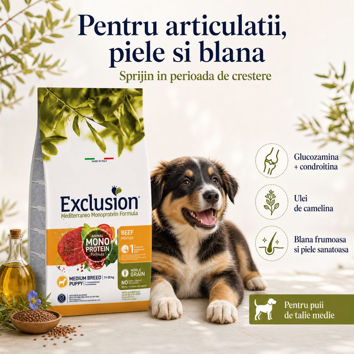 EXCLUSION Mediterraneo Monoprotein Formula Puppy Medium Breed, M, Vită, hrană uscată monoproteică câini junior, 12kg - poza 5