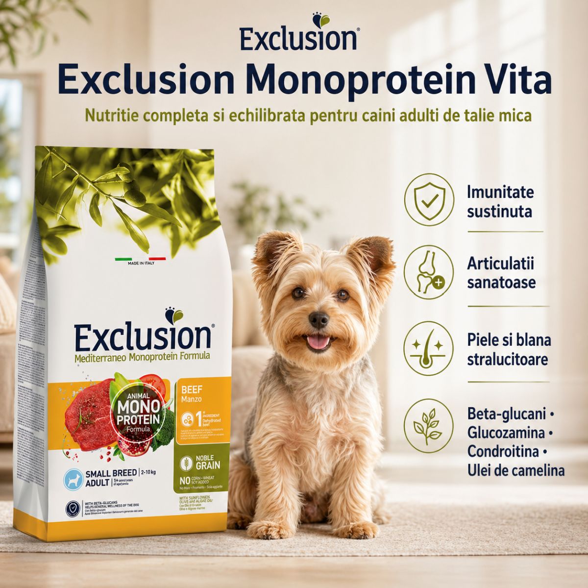 EXCLUSION Mediterraneo Monoprotein Formula Small Breed, XS-S, Vită, hrană uscată monoproteică câini, 2kg - poza 5