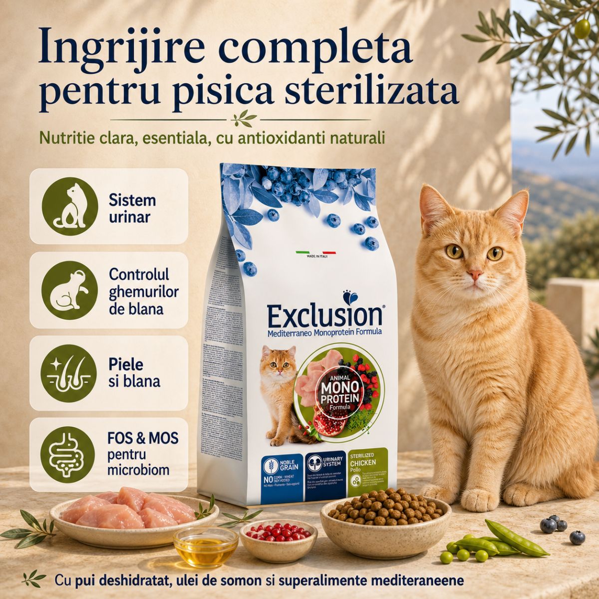 EXCLUSION Mediterraneo Monoprotein Formula Sterilised, Pui, hrană uscată monoproteică pisici sterilizate, 12kg - poza 3