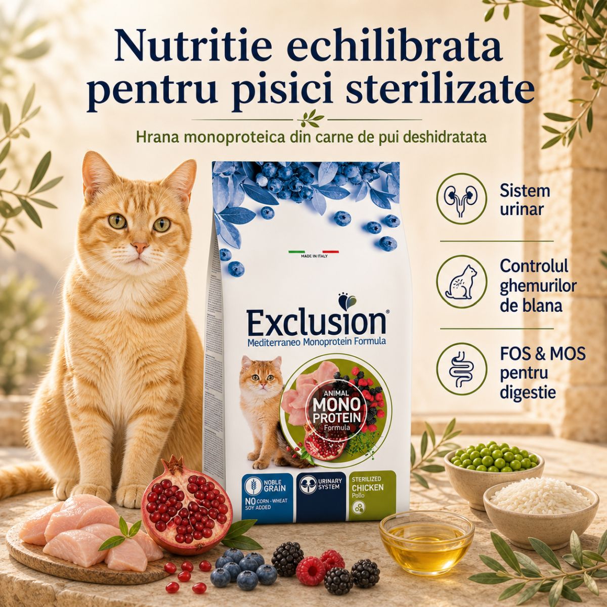 EXCLUSION Mediterraneo Monoprotein Formula Sterilised, Pui, hrană uscată monoproteică pisici sterilizate, 12kg - poza 4