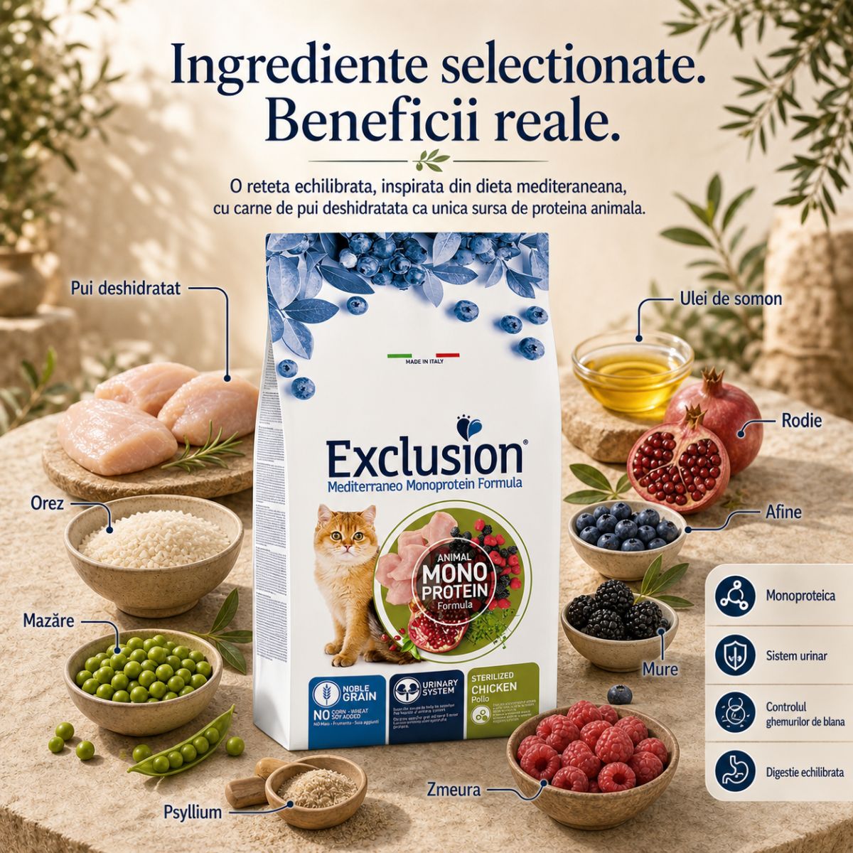 EXCLUSION Mediterraneo Monoprotein Formula Sterilised, Pui, hrană uscată monoproteică pisici sterilizate, 12kg - poza 5