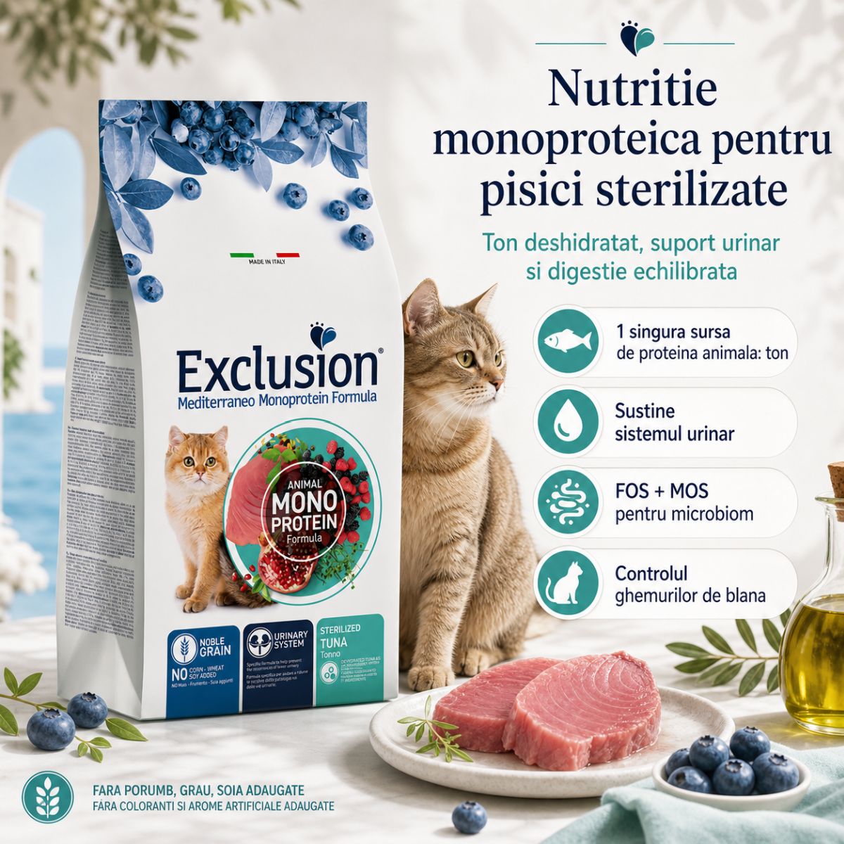 EXCLUSION Mediterraneo Monoprotein Formula Sterilised, Ton, hrană uscată monoproteică pisici sterilizate, 12kg - poza 3