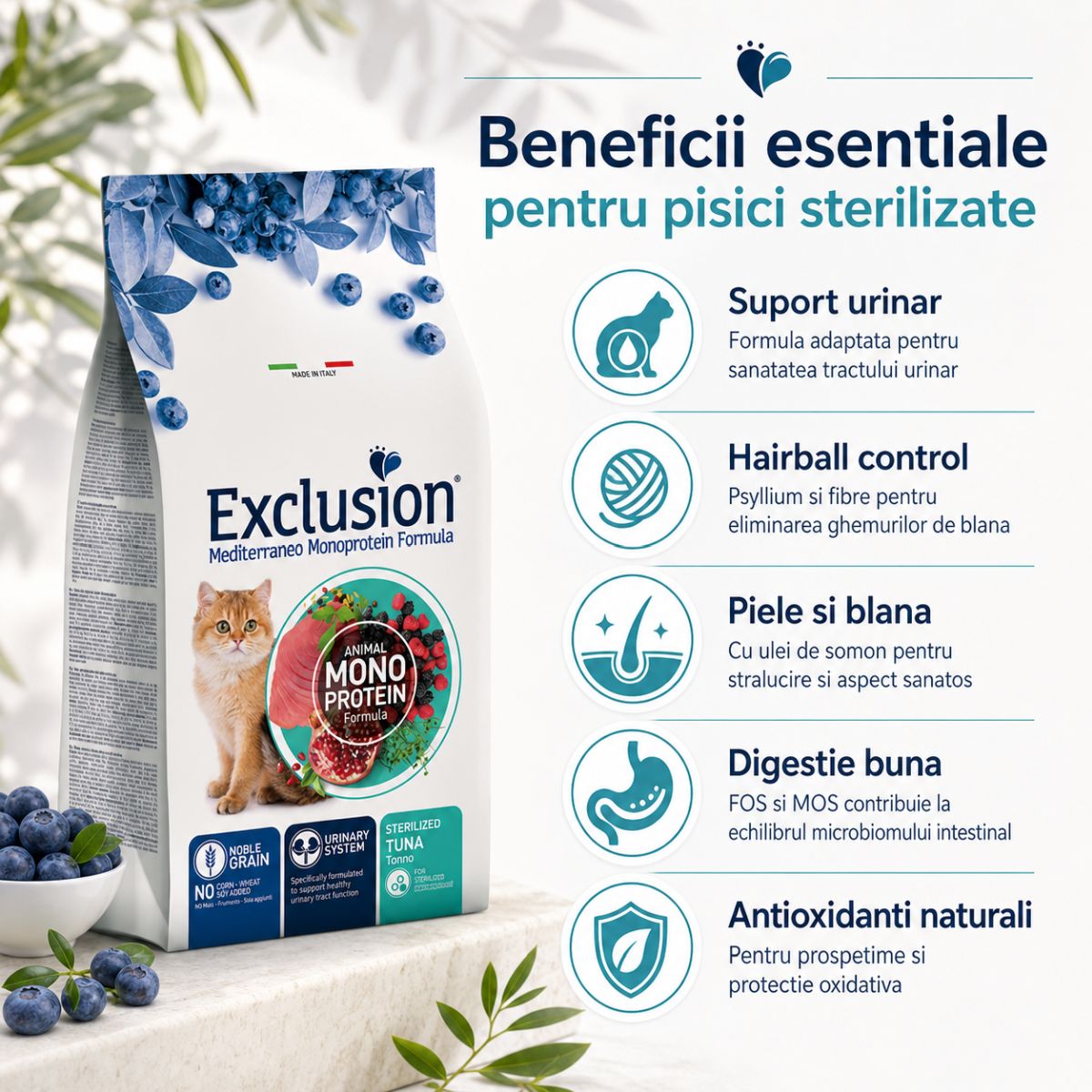 EXCLUSION Mediterraneo Monoprotein Formula Sterilised, Ton, hrană uscată monoproteică pisici sterilizate, 12kg - poza 4