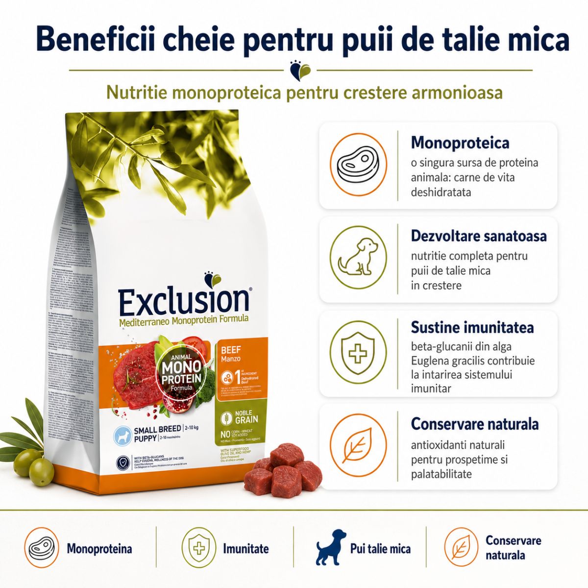 EXCLUSION Mediterraneo Monoprotein Puppy Small Breed, XS-S, Vită, hrană uscată monoproteică câini junior, 2kg - poza 3