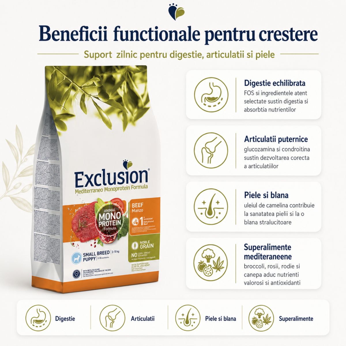 EXCLUSION Mediterraneo Monoprotein Puppy Small Breed, XS-S, Vită, hrană uscată monoproteică câini junior, 2kg - poza 4