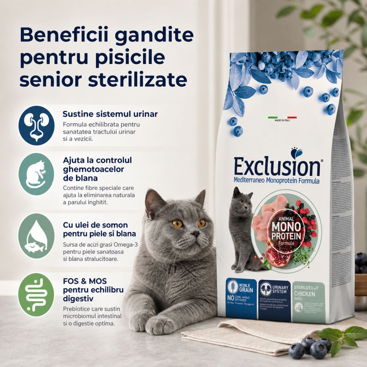 EXCLUSION Mediterraneo Monoprotein Sterilised +7, Pui, hrană uscată monoproteică pisici sterilizate senior, 1.5kg - poza 3